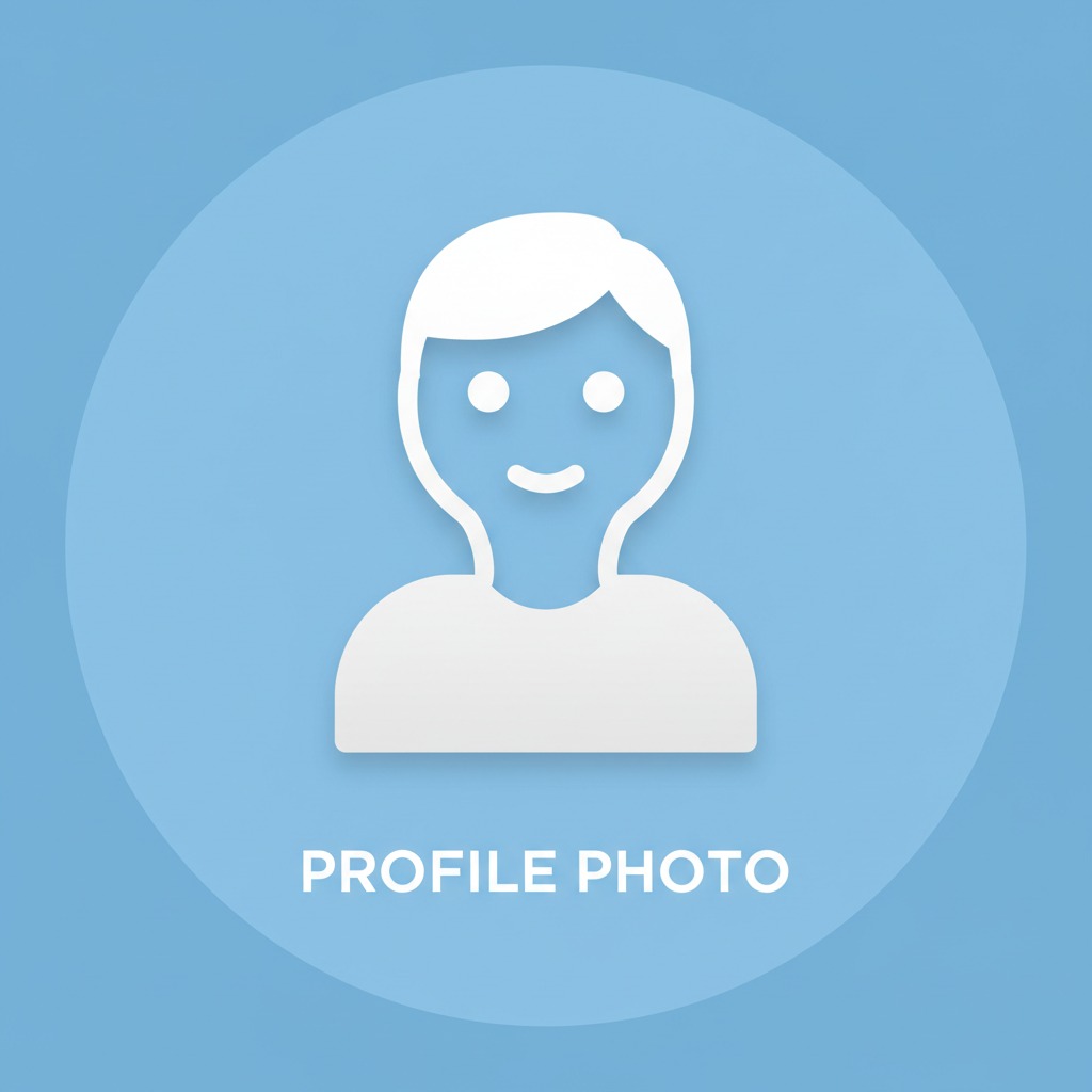 Icône blanche représentant une silhouette d'utilisateur sur fond bleu avec le texte PROFILE PHOTO.
